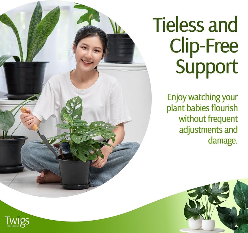 Twigs Ga دعامات نباتية صغيرة لدعم النباتات الصغيرة، للاستخدام الداخلي والخارجي، مستلزمات الحدائق، ملحقات الحدائق، بديل للشبكات والحلقات - مونستيرا (أخضر داكن)، عبوة 10، 12 بوصة طول - Image 3